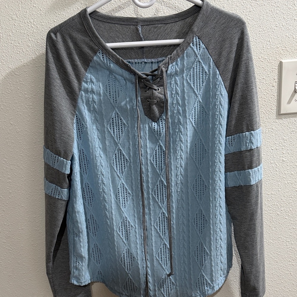 Lace-Up Raglan Long Sleeve Top in Light Blue and Gray